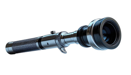 Naklejka premium A highly detailed 3D render of a polished chrome lightsaber hilt, set against a stark black background.