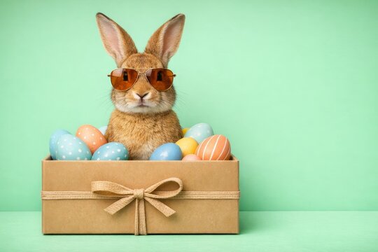 A cool bunny wearing sunglasses sits in a box filled with colorful Easter eggs against a pastel green background. Playful and festive atmosphere.