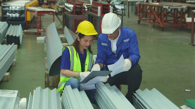 Male engineers and female worker inspect rust proof coated corrugated metal sheets ensuring strength aesthetics before shipment distributors within the industrial metal sheet manufacturing plant.