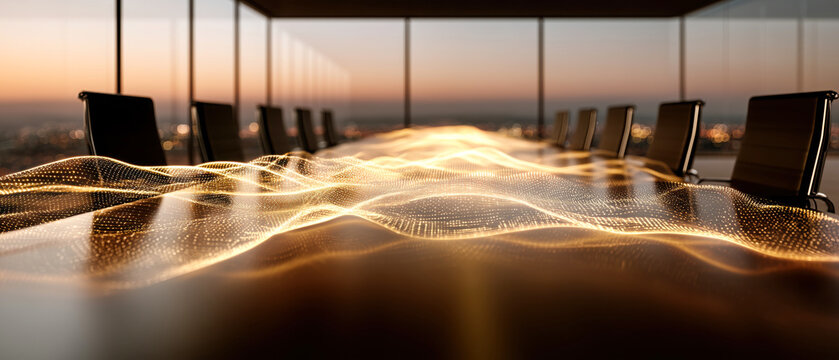 Luxury executive boardroom with glowing golden data wave at sunset city view. This image symbolizes AI integration, digital transformation, corporate strategy, and future business technology in a prem