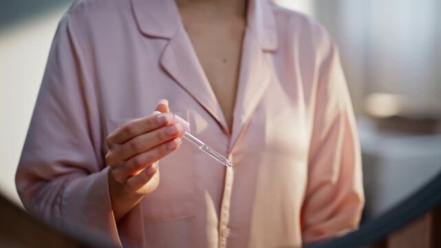 Hands using serum dropper home morning closeup. Serene woman dripping on cheeks