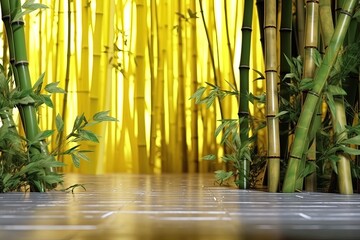 Obraz premium Indoor Bamboo Plant Against Yellow Wall – Minimal Modern Interior Decor