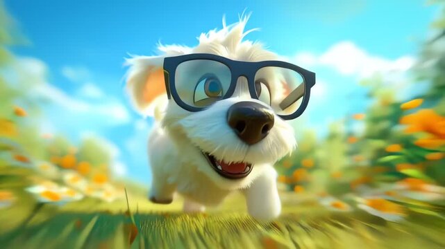 Happy dog in eyewear cartoon style running energetically in a bright outdoor park scene