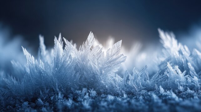 Icy frost crystals glimmering in winter sunlight with a captivating blue gradient background for serene nature images
