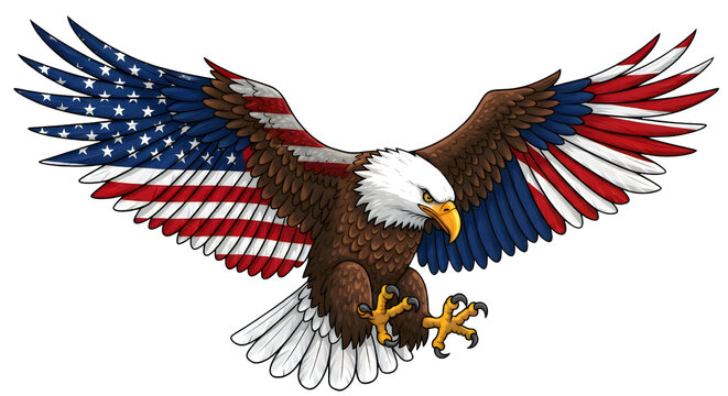 American Bald Eagle with Patriotic Wings Spread Wide isolated on transparent background