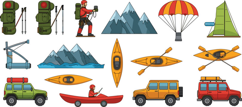 Outdoor Adventure And Extreme Sports Vector Set Featuring Kayaks Off-Road Vehicles Mountain Climbing Gear Parachutes And Snowy Peaks For Travel Tourism And Action Graphic Designs