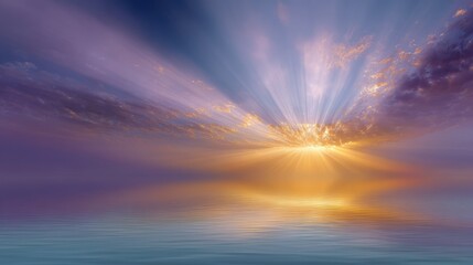 Fototapeta premium Serene Sunrise Over Calm Waters with Colorful Rays and Cloudy Sky Illuminating the Horizon Reflecting Tranquility and Beauty of Nature