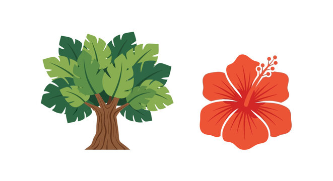 Tree and orange hibiscus flower.