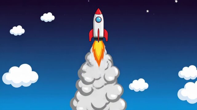 A cartoon illustration shows a happy snowman wearing a Santa hat in a blue winter night landscape featuring a rocket on the moon near a decorated Christmas tree and falling snowflakes
