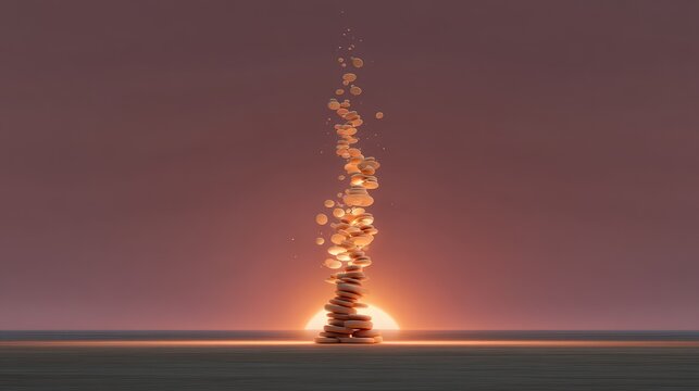 Serene Sunrise Over Balanced Stones with Floating Particles, Demonstrating Tranquility and Harmony in Nature, Ideal for Meditation or Relaxation Themes