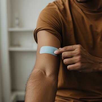 Young man applying a blue nicotine patch to his bicep in a clinical setting for a healthy lifestyle campaign or smoking cessation feature, extreme close up of skin detail