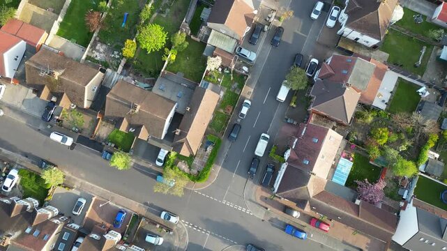 Urban Drone Flight Above Streets of British City and Town of England Great Britain. Drone Mounted Wide Angle Camera Footage Was Captured During Cold Day of 8th April, 2026. 