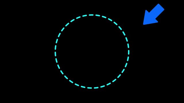 Animated highlight arrow pointing to dash blue circle rotate on transparent background. Animation 4k video