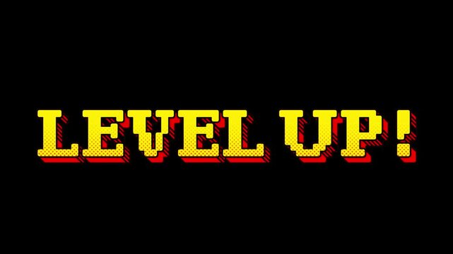 8-bit pixel art game style level up text. looped animation 4k 30fps