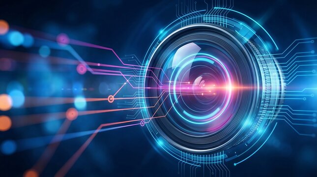 Futuristic Camera Lens with Glowing Digital Circuitry Interface