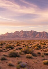 Fototapeta premium Jagged mountain range at sunset overlooking a vast amber desert floor with scrub brush and copy space under a dreamy amethyst sky for landscape travel background