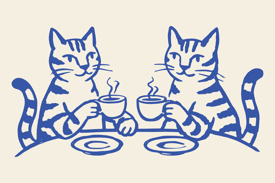 Cats drinking coffee naive doodle vector illustration