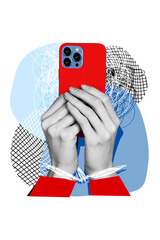 Composite collage picture image of hands hold device telephone handcuff prisoner addicted weird...