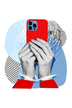 Composite collage picture image of hands hold device telephone handcuff prisoner addicted weird freak bizarre unusual fantasy