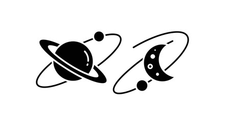 Black Planet and Moon Space Icons. © Martani