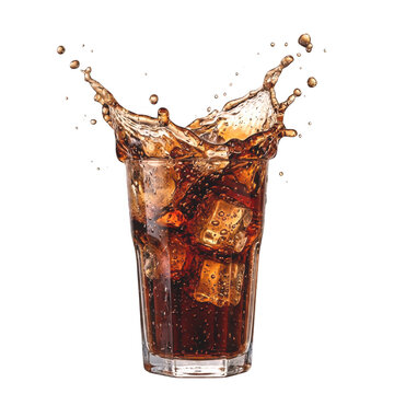 Cola drink splash isolated PNG with transparent background glass with ice cubes refreshing soda
