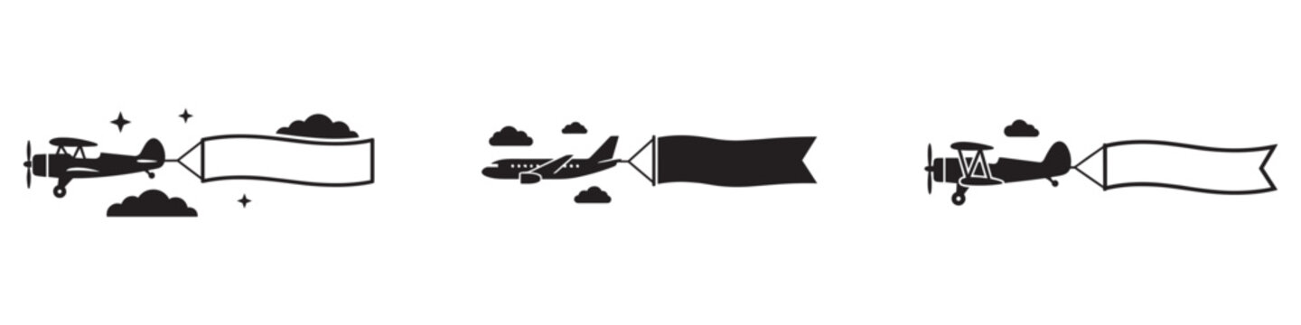 Flying plane in the sky with blank advertising banner. Vector Illustration. Vector Graphic. EPS 10