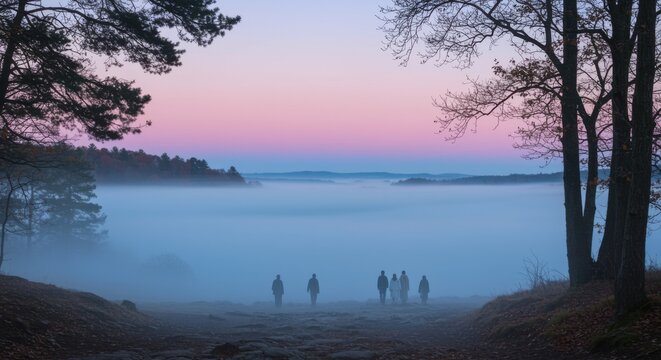 Small figures of people walking on a rugged path toward a blue misty valley at dawn with a pink sky, theological storytelling and spiritual journey concept