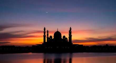 Naklejka premium Majestic mosque silhouette at sunset a stunning display of islamic architecture