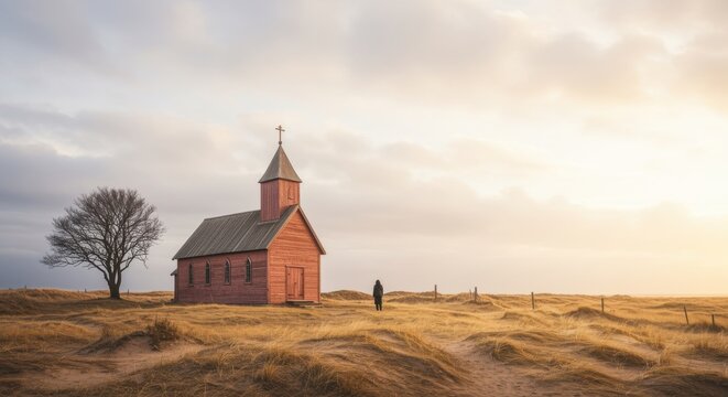 Small wooden church standing on a grassy hill under a dramatic sky with a solitary person and leafless tree for landscape travel or spiritual lifestyle themes