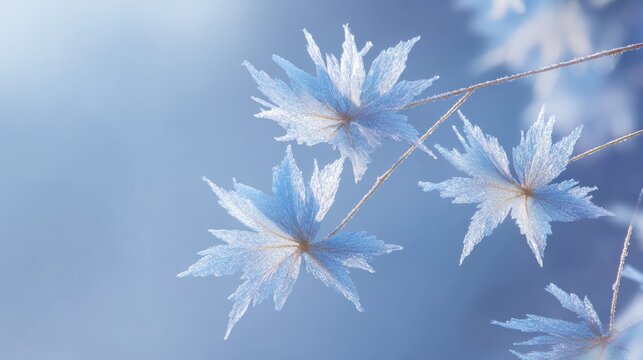 Delicate frosted leaves glistening in soft blue light creating a serene and tranquil winter atmosphere