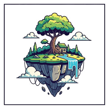 Tree on Floating Island Paradise Scene.