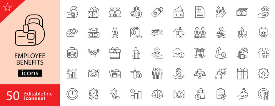 Employee benefits icons set. Includes symbols of insurance, healthcare, retirement plans, paid leave, wellness programs, rewards, and compensation. Editable stroke. Vector illustration. Outline icons.