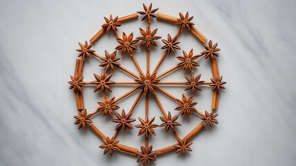 Fototapeta premium Aromatic star anise and cinnamon sticks create a festive Christmas decoration with fragrant spices on a rustic wooden background