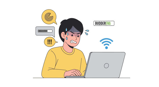 Frustrated young man experiencing internet connection issues and slow computer performance, feeling stressed and confused