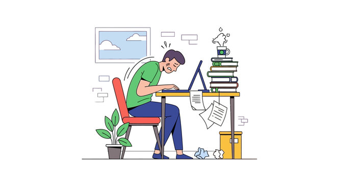 Overworked programmer or student slouching at a messy desk with a laptop, symbolizing burnout and stress from excessive work or study