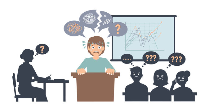 Conceptual illustration of intense public speaking anxiety, where a nervous presenter struggles with fear and overwhelming stress during a challenging presentation to an unhappy audience