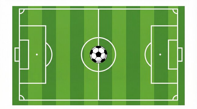 Top-down soccer field diagram with alternating green stripes, white markings, and a ball at the center circle, labeled with goal line, penalty area, halfway line, and central circle.