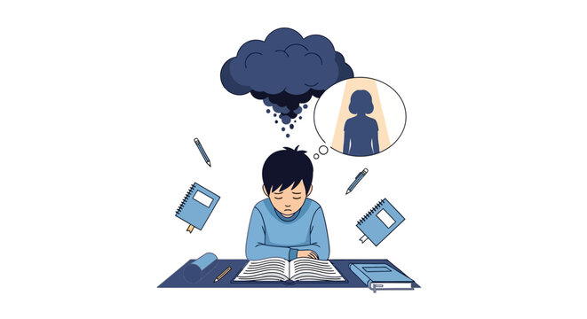 A young student feeling the immense burden of academic stress and mental pressure, struggling with studies under a looming cloud of worry and high expectations for success