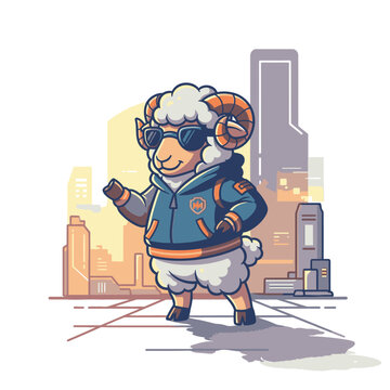 Cartoon sheep wearing sunglasses jacket.