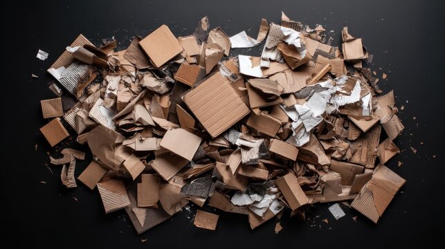 Chaotic litter of assorted cardboard pieces and paper waste scattered on a dark surface creating an abstract texture