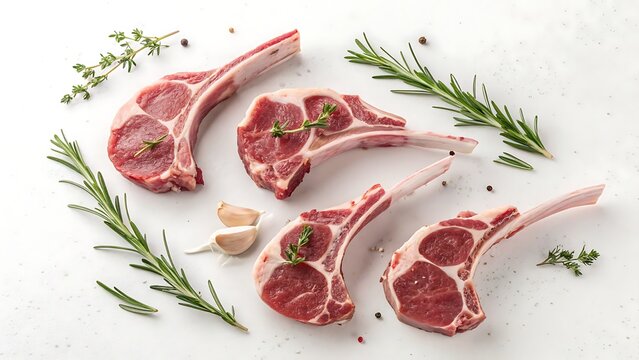 Top View of Raw Lamb Chops with Rosemary and Garlic on White Background