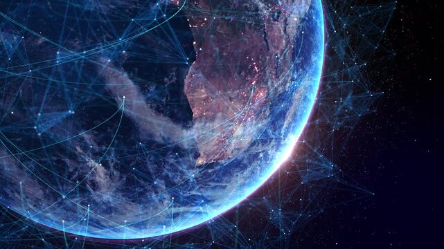 Digital planet connecting lines linking cities. data exchange, information global data transfer, international trade. Worldwide internet Online Networks Security Firewall Antivirus Cybercrime Threats