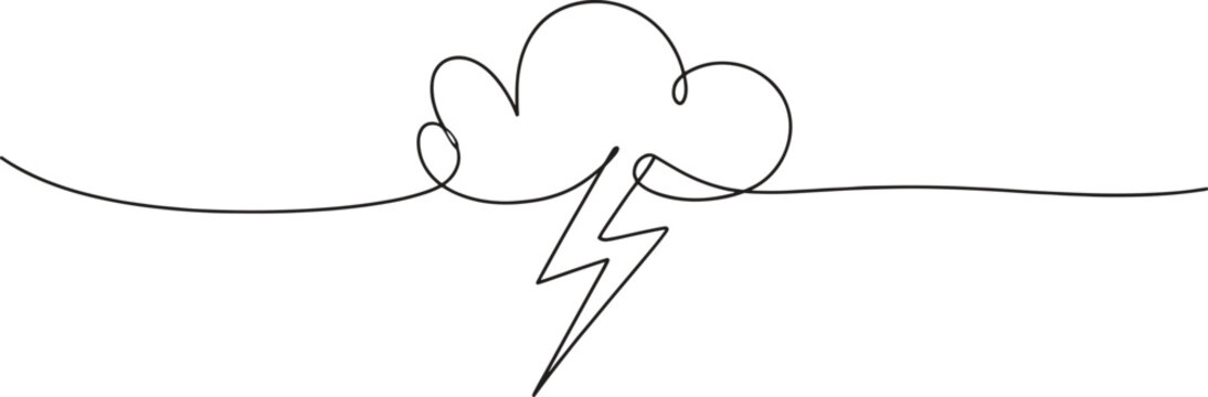 A continuous single line drawing depicts a powerful storm cloud with lightning.