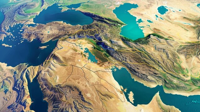 Vast landscapes of mountains, lakes, and rivers unfold in a breathtaking aerial view of the rugged region around the Caspian Sea