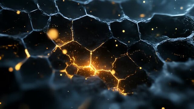 Abstract honeycomb pattern with glowing cells and particle effects