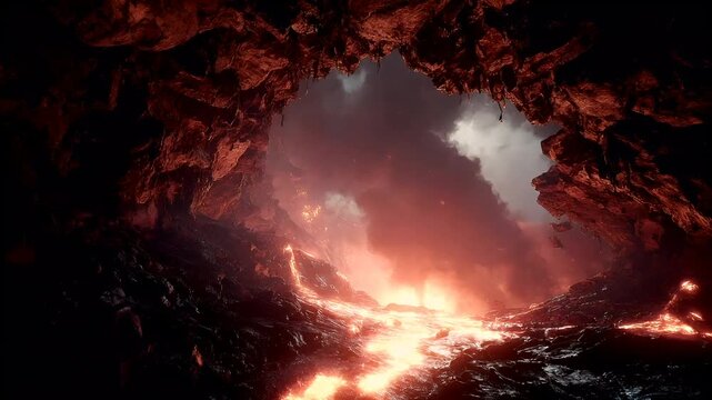 Outdoor exploration adventure. A vivid, atmospheric depiction of a volcanic cavern. The main subject is a cavern entrance, bathed in a warm, fiery orange glow emanating from the molten lava.