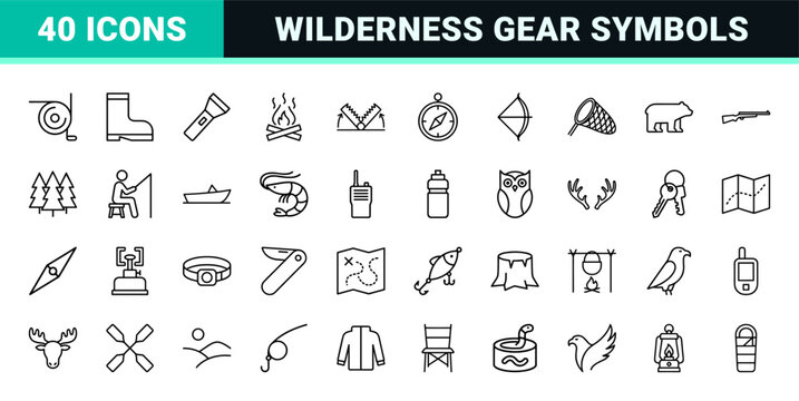 Hunting and fishing minimalist line icons with outdoor equipment and wildlife elements.