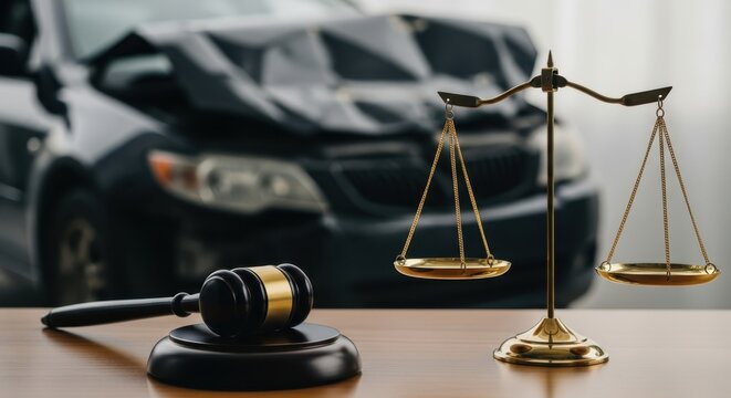 Martelo de juiz e balan&ccedil;a da justi&ccedil;a em uma mesa com um carro acidentado desfocado ao fundo, conceito de seguro automotivo e direito de tr&acirc;nsito