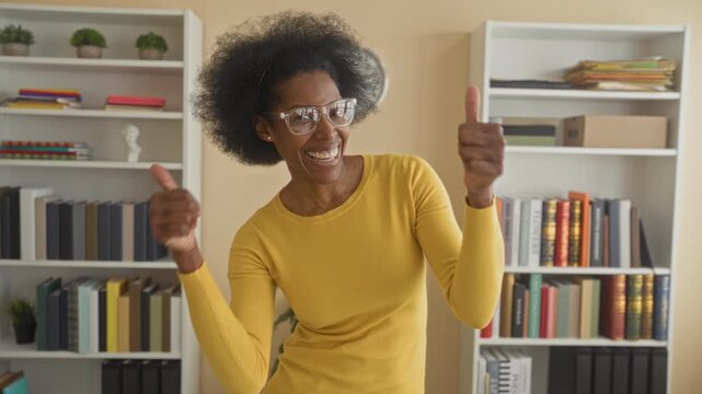 Woman in yellow sweater smiling and giving thumbs up beside tall bookshelves and a wall clock in a home study inside a building; joy confidence.