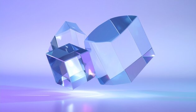 Luminous geometric forms with beveled edges, reflecting and refracting soft blue and purple light on a minimalist surface, creating a modern abstract composition